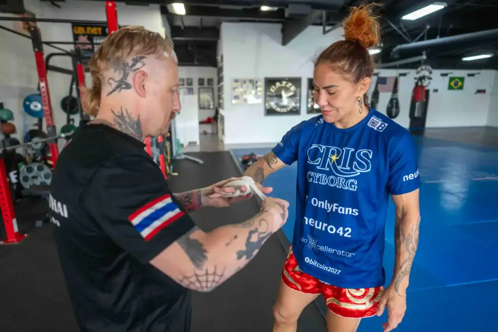 PFL featherweight champion Cris Cyborg works with Thai Boxing coach...