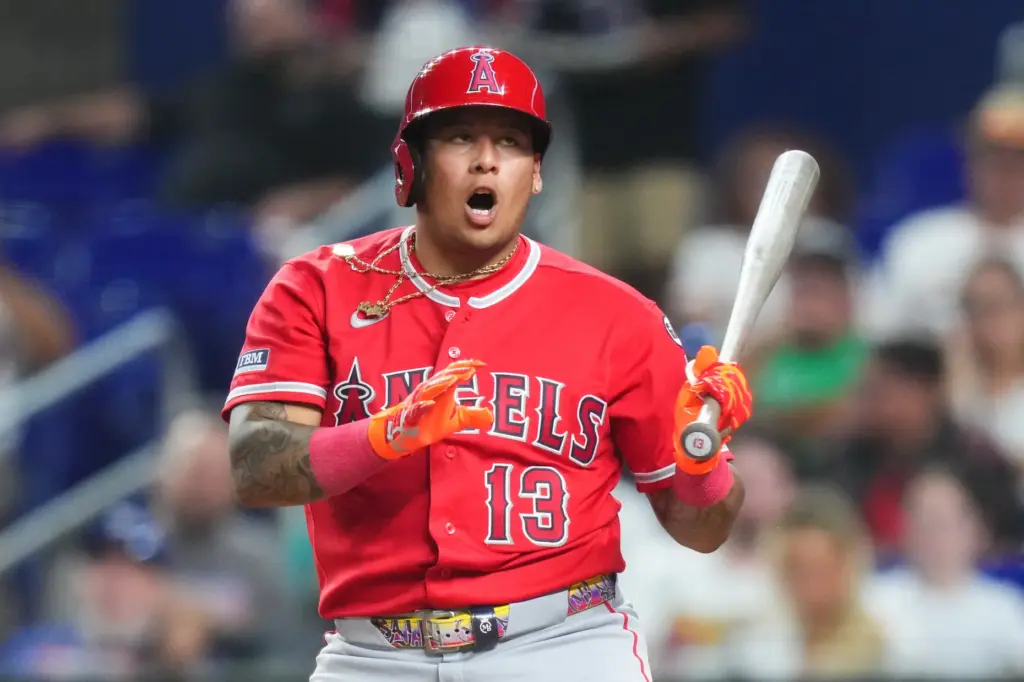 The Angels’ MoisÃ©s Ballesteros reacts to a pitch during the...