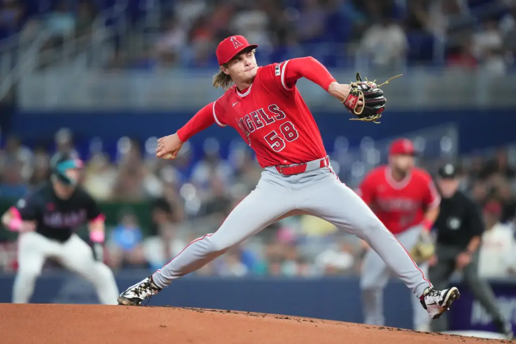 Angels starting pitcher George Klassen throws to the plate during...