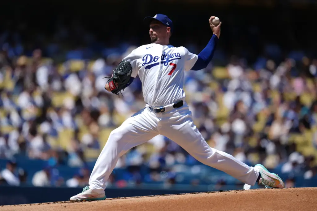 Dodgers starting pitcher Blake Snell throws during the first inning...
