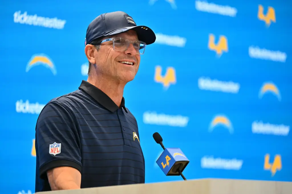 Chargers head coach Jim Harbaugh speaks to the media at...
