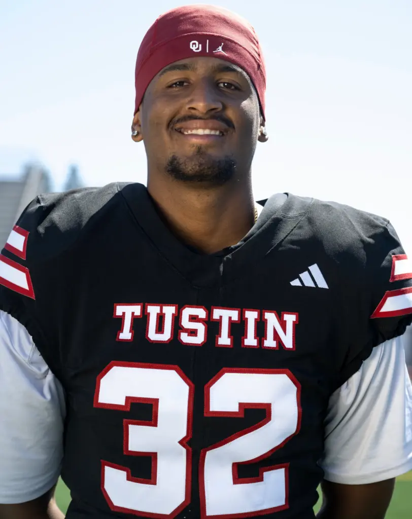 Tustin High School football player Taven Epps (32) on Monday,...