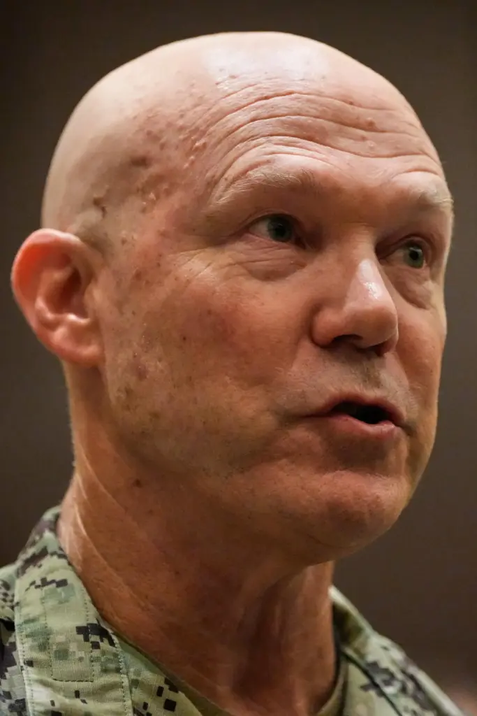 United States Navy Admiral Frank Bradley talks during an interview.