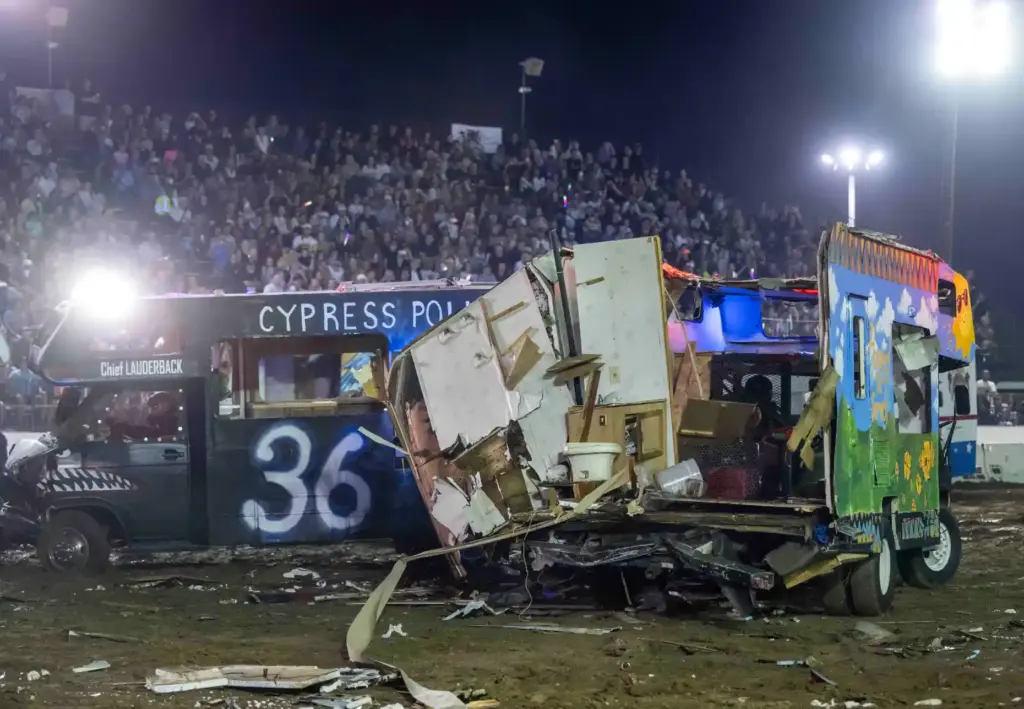 Pieces of motorhome are strewn around the dirt of the...
