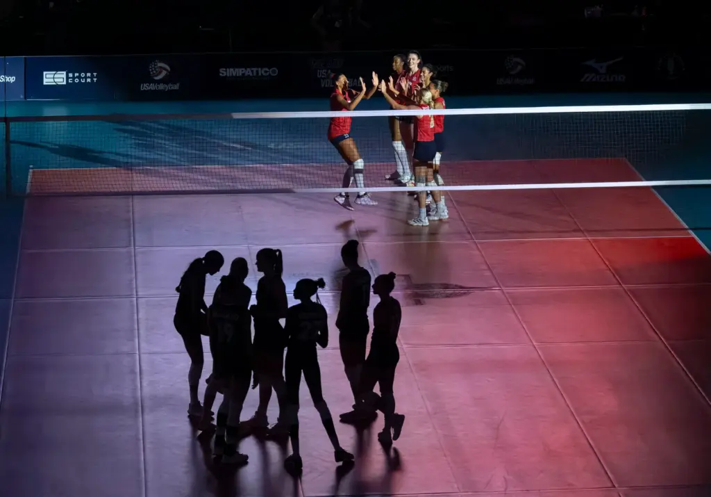 The U.S. women’s volleyball team is introduced as the Canada...