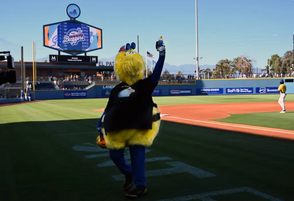 Maverick, the Ontario Tower Buzzers mascot wears a Fly High...