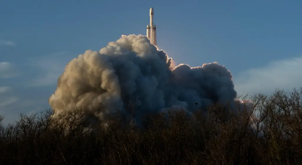 This image provided by NASA shows a SpaceX Falcon Heavy...
