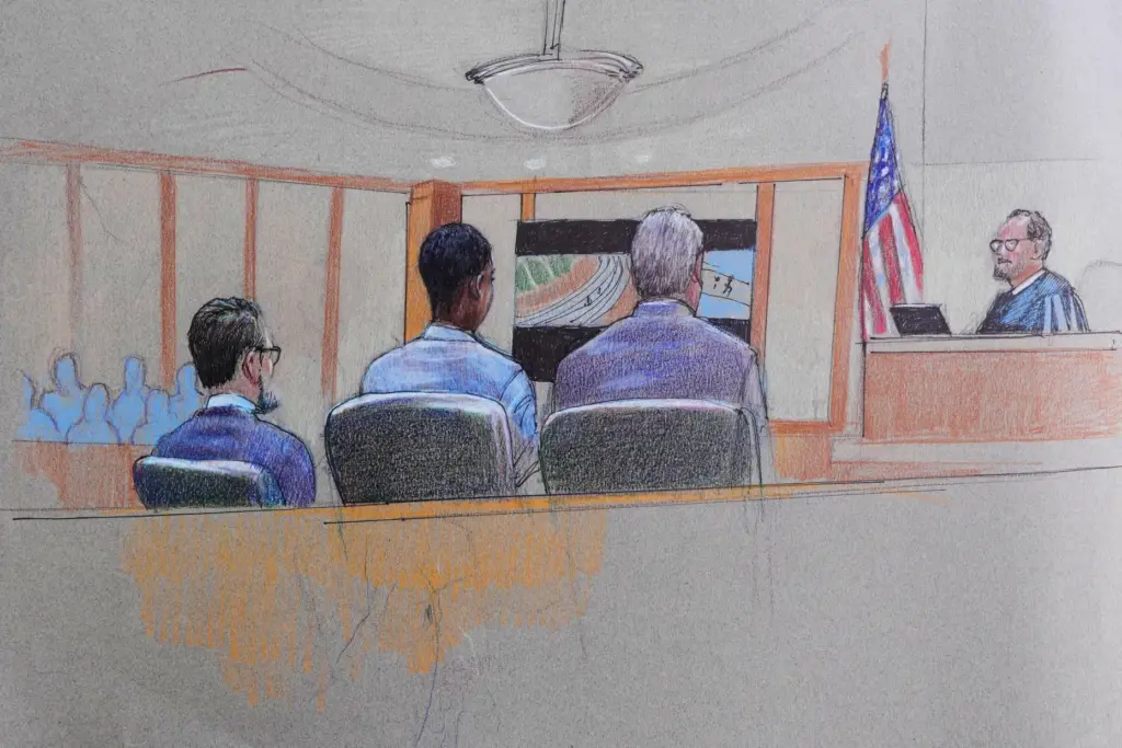 A courtroom sketch shows Karmelo Anthony at the defense table.