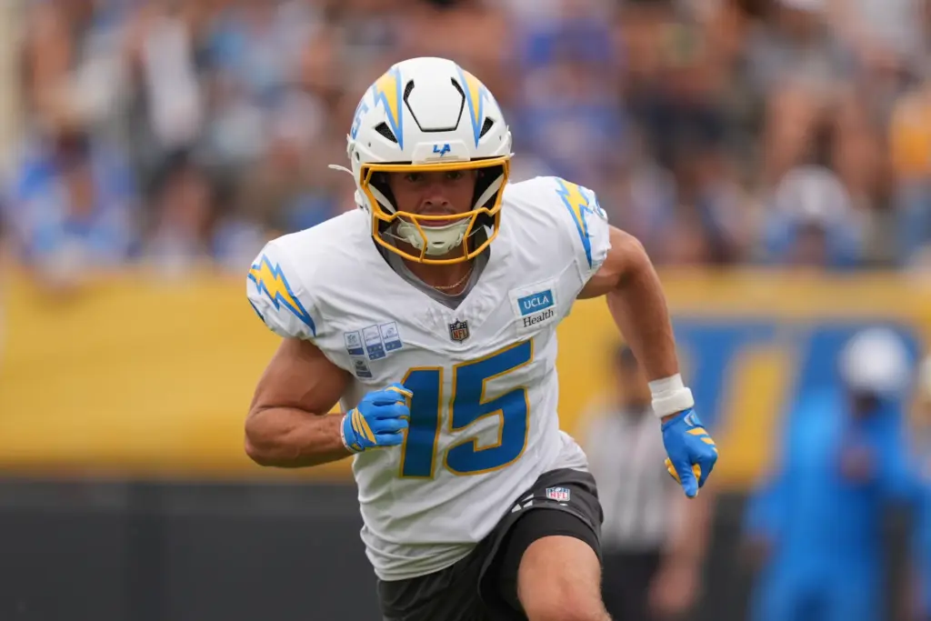 Chargers wide receiver Ladd McConkey runs a route during an...
