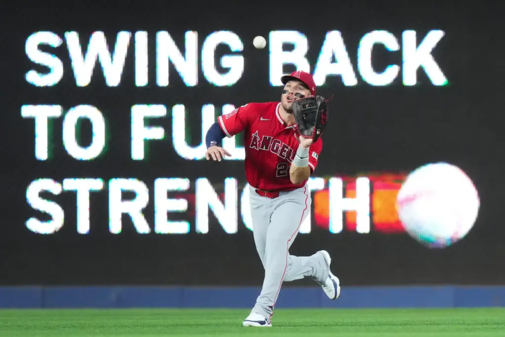 Angels center fielder Mike Trout catches a fly ball during...