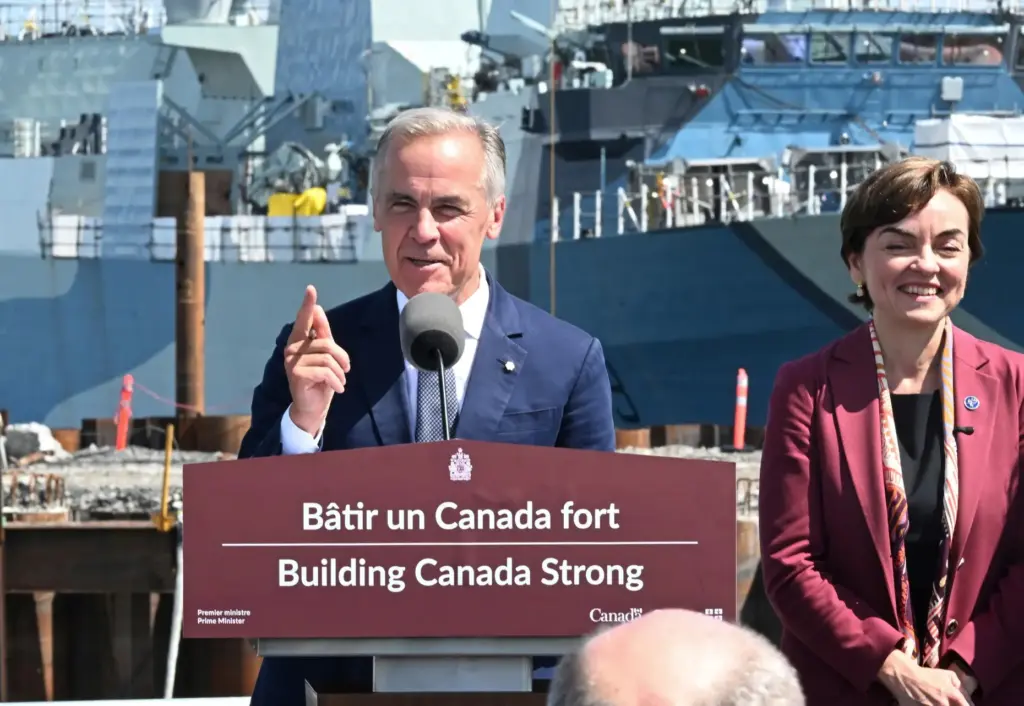 Canadian Prime Minister Mark Carney speaks at the Davie shipyard...