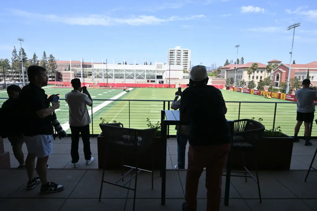 Members of the media tour the new state-of-the-art Bloom Football...