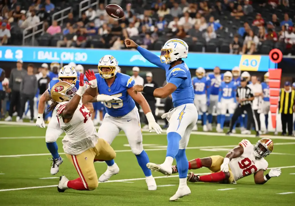 Chargers quarterback DJ Uiagalelei throws a pass during the second...