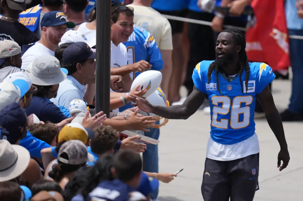 Chargers cornerback Donte Jackson greets fans during an NFL football...