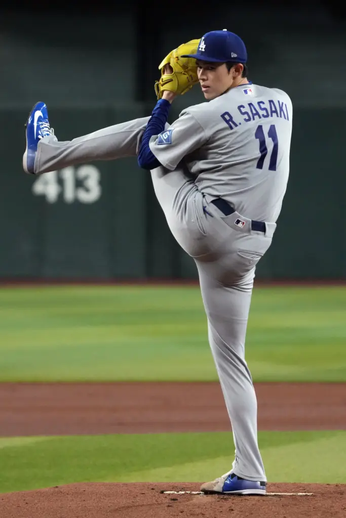 Dodgers starting pitcher Roki Sasaki throws to the plate during...