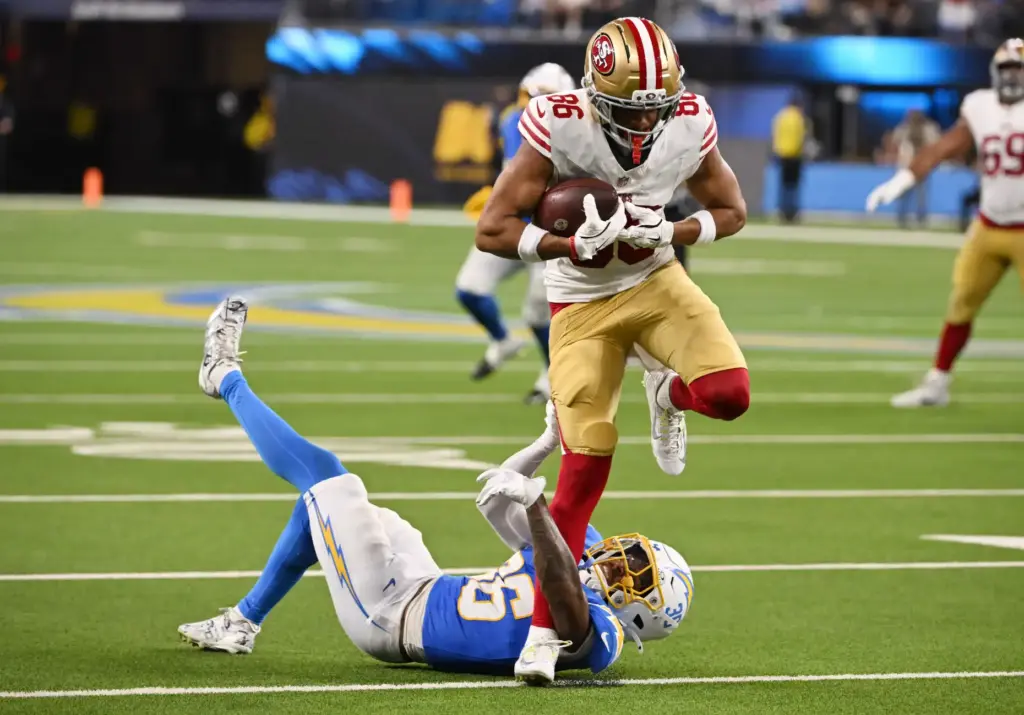 San Francisco 49ers wide receiver Junior Bergen catches a pass...