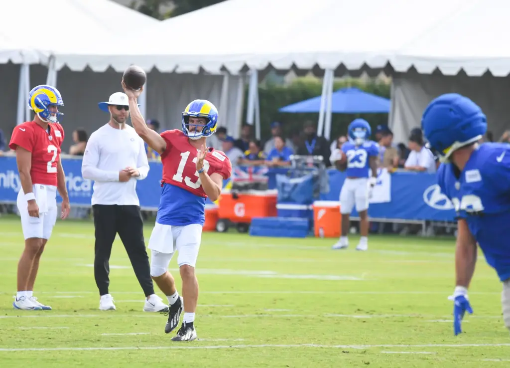 Rams quarterback Stetson Bennett throws a pass during the team’s...