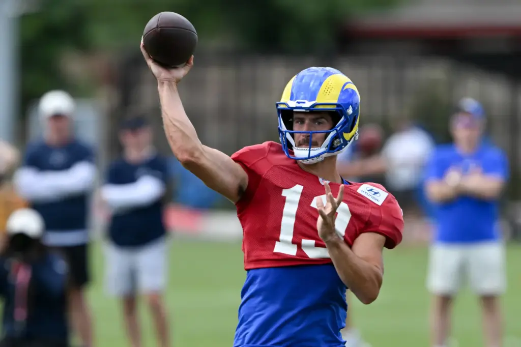 Rams QB Stetson Bennett IV (13) Rams joint practice with...