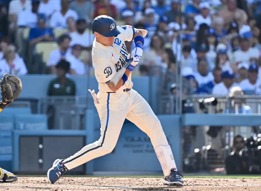 Alex Call of the Dodgers singles against the Milwaukee Brewers...