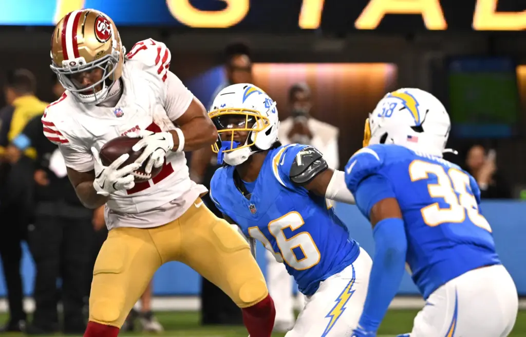 San Francisco 49ers wide receiver Jordan Watkins catches a touchdown...