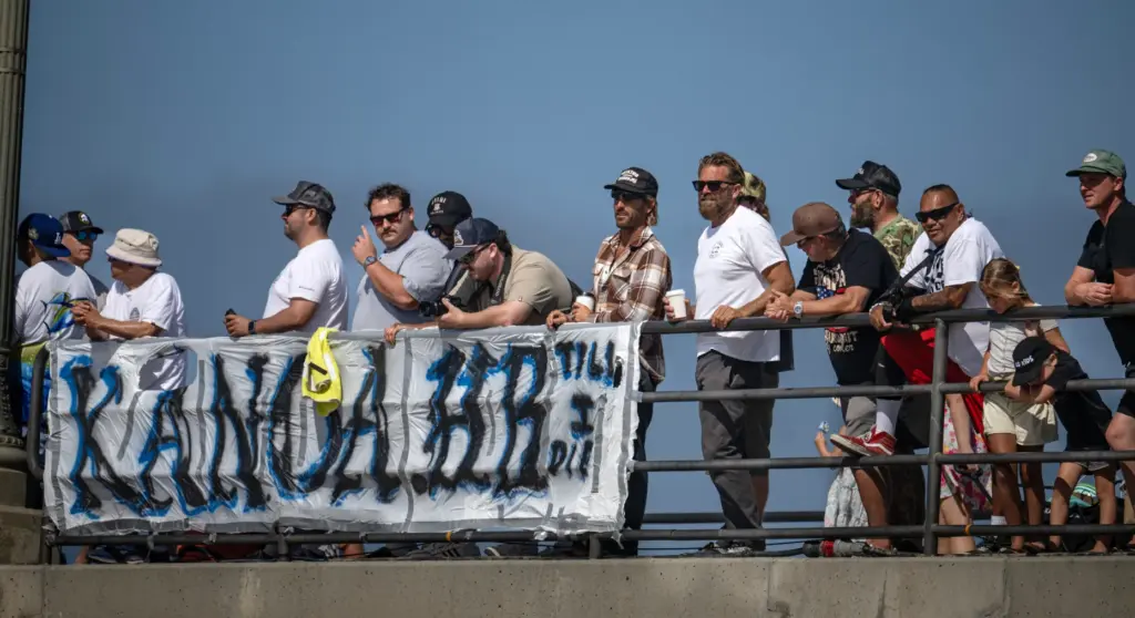 A banner recognizing surfer Kanoa Igarashi of Huntington Beach adorns...