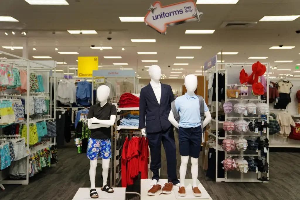 Children's clothing including uniforms are on display in a Target store.