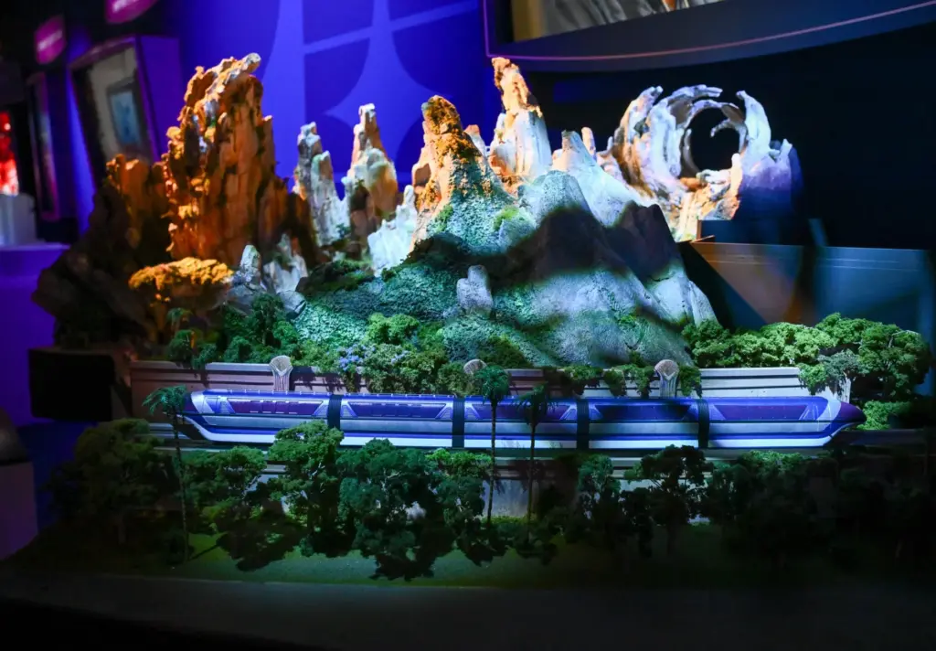 The Monorail goes past a rock work model of Avatar...