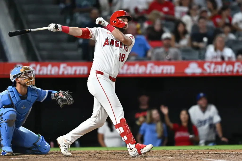 Angels’ Nolan Schanuel hits a single during the sixth inning...