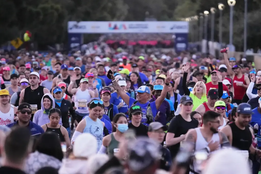 Participants prepare for the start of the Los Angeles Marathon.
