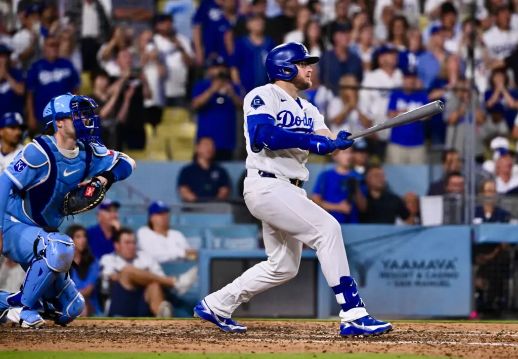 Max Muncy #13 of the Los Angeles Dodgers with the...