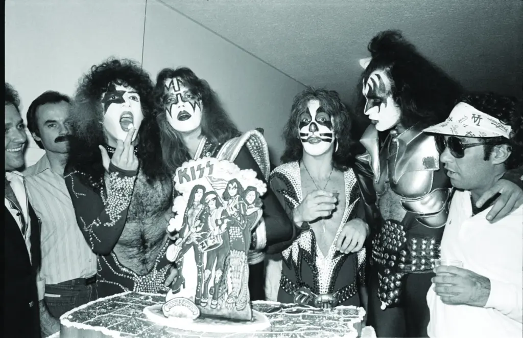 An archival photo of KISS backstage at their Anaheim Stadium...