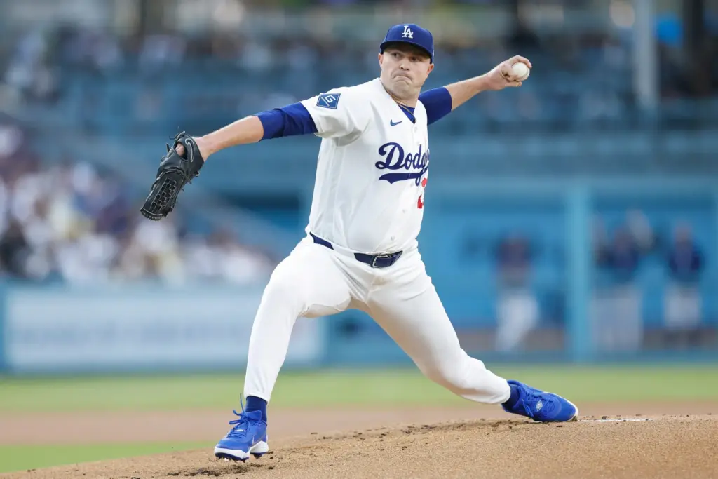 Dodgers starting pitcher Tarik Skubal throws to the plate during...