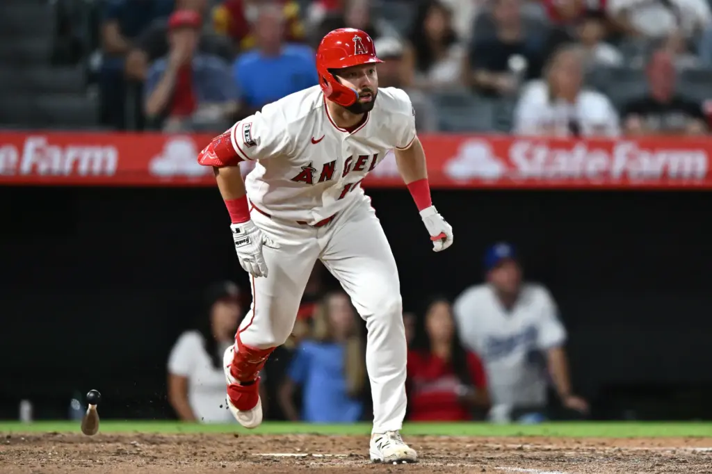 Angels’ Nolan Schanuel runs after hitting a single during the...