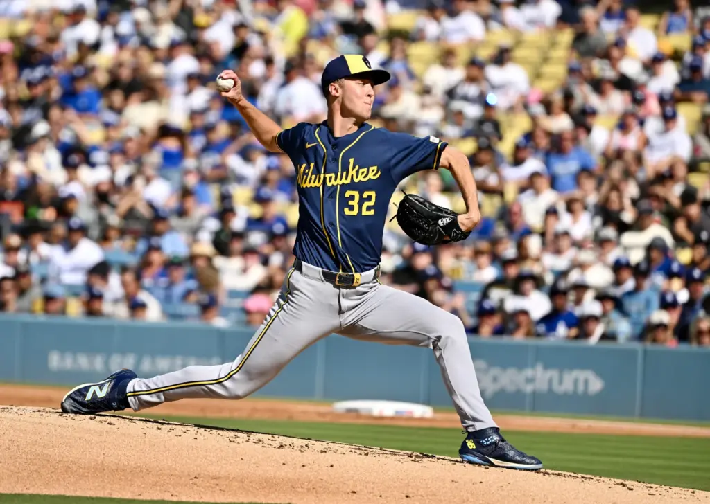 Starting pitcher Jacob Misiorowski of the Milwaukee Brewers throws to...