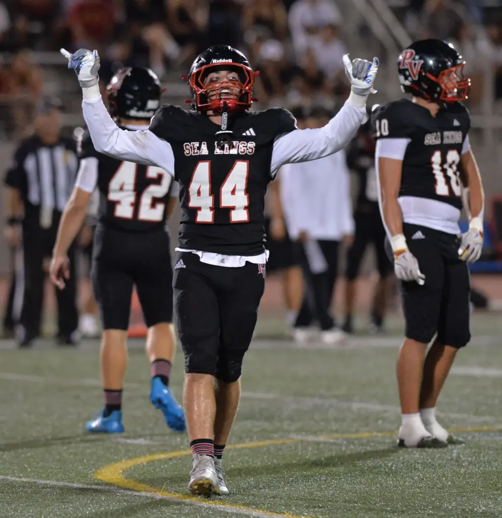 Palos Verdes linebacker Weston Reis taunts Serra sideline after penalty...