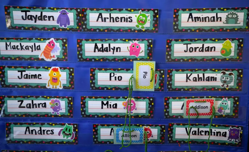 A few name tags remain as TK students arrive for...