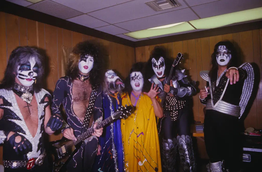 An archival photo of KISS backstage at their Anaheim Stadium...