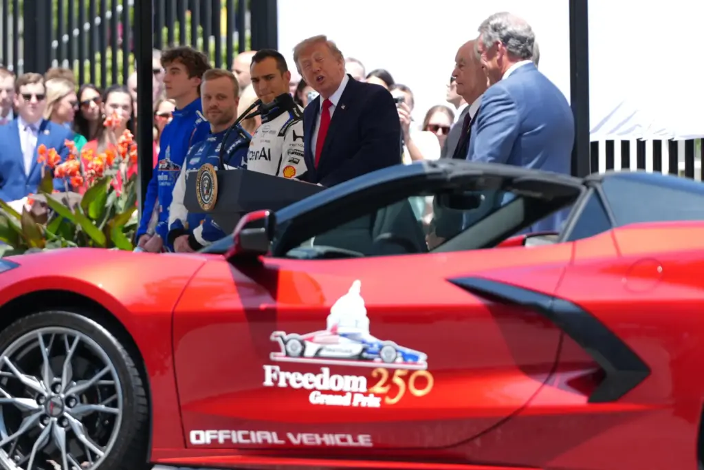 President Donald Trump speaks at an event to promote the Freedom 250 Grand Prix IndyCar race.