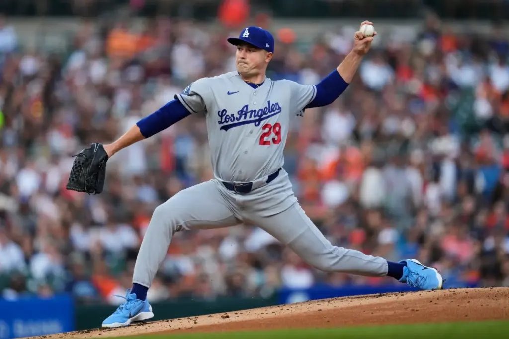 Dodgers pitcher Tarik Skubal throws to the plate during the...