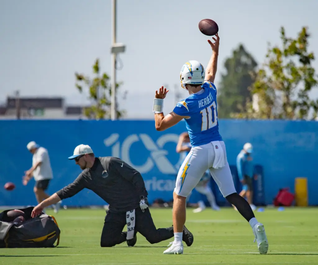 Los Angeles Chargers quarterback Justin Herbert launches downfield during the...