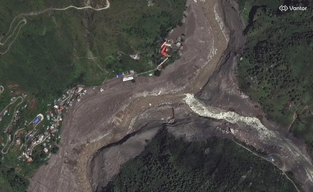 This satellite image provided by Vantor shows destruction at Syapru Besi, Nepal.