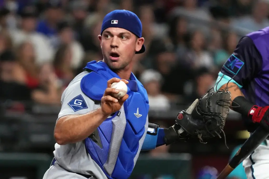 Dodgers catcher Hunter Feduccia looks on during a game against...