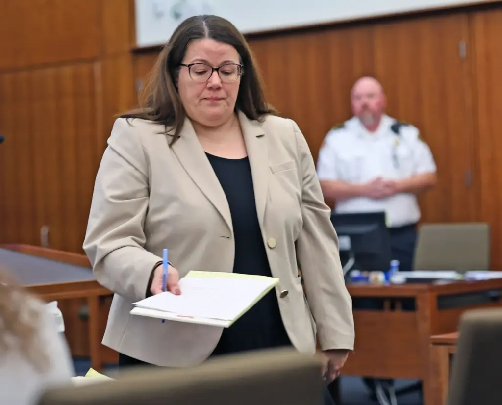 Prosecutor Jennifer Sprague pauses during proceedings in Lindsay Clancy's trial.