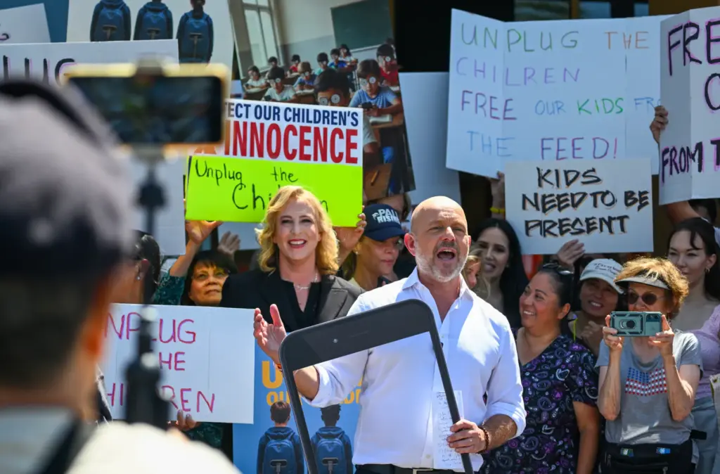 California gubernatorial candidate Steve Hilton during a protest in front...