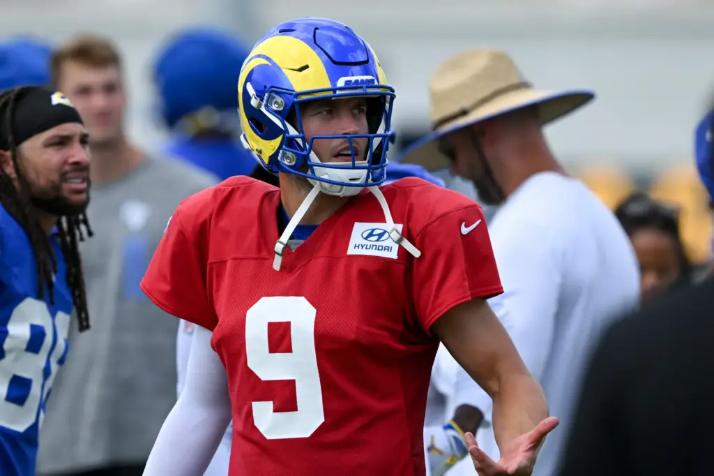 Rams starting quarterback Matthew Stafford looks on during the team’s...