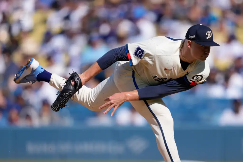 Dodgers starting pitcher Tarik Skubal throws to the plate during...