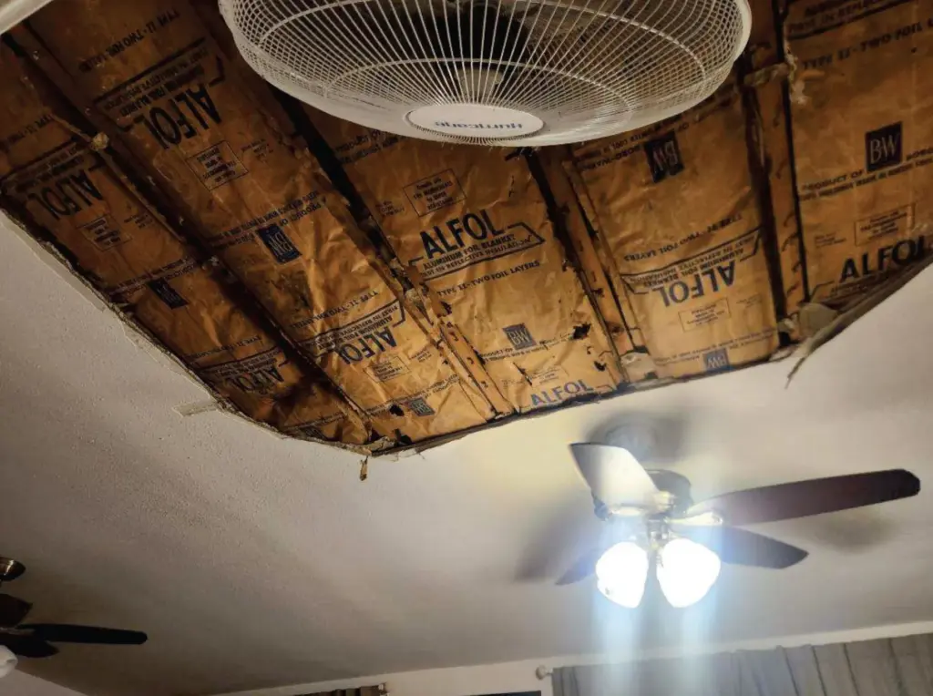 The ceiling in the primary bedroom in the Hawkinsâ Fort Eustis home.