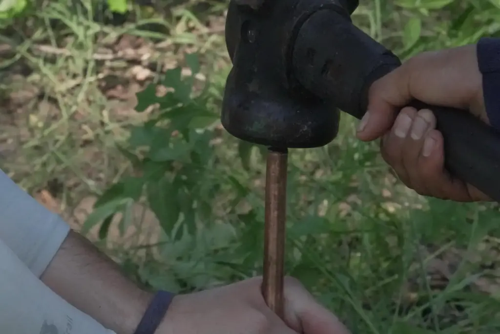Jake Love and Bryce Whitney pound a copper lightning rod into the ground beside the tree.