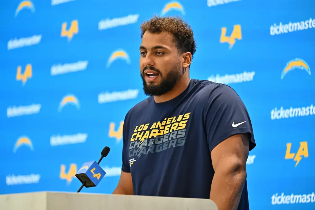 Chargers offensive tackle Rashawn Slater speaks to the media at...