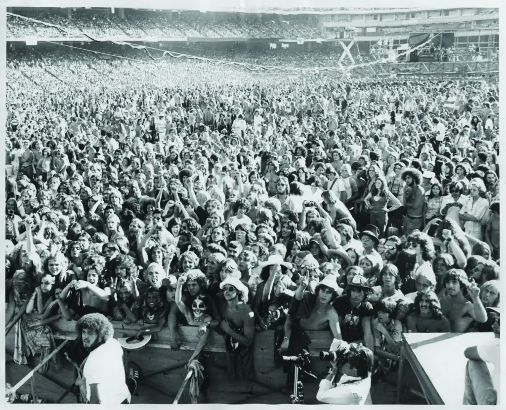 An archival photo of the crowd at KISS’ Anaheim Stadium...